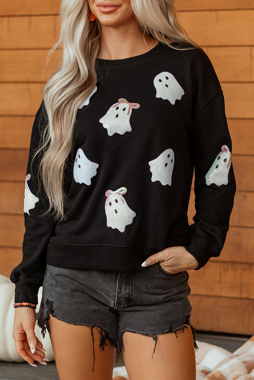Black Sequin Cute Bow Ghost Graphic Crew Neck Halloween Sweatshirt