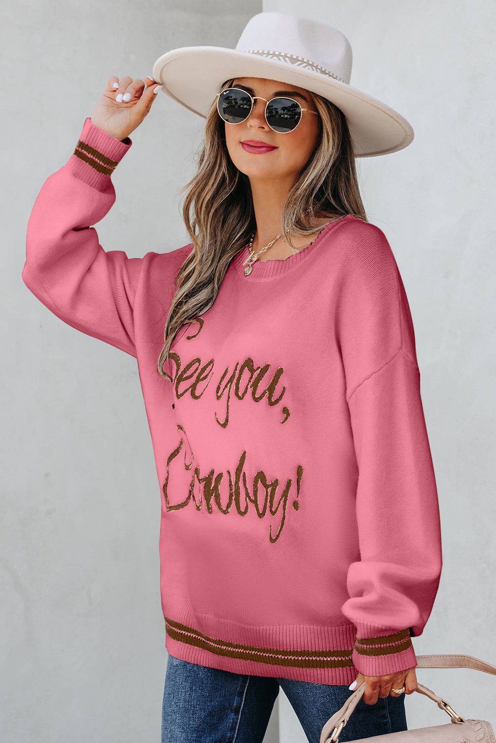 Peach Blossom See You Cowboy Embroidered Western Graphic Sweater