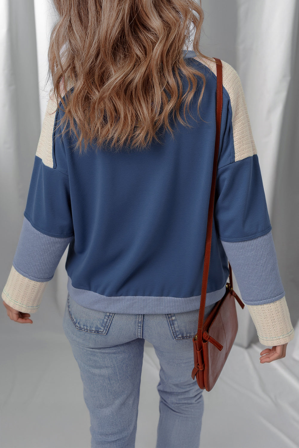 Dark Blue Contrast Knitted Colorblock Star Patchwork Oversize Long Sleeve Top
