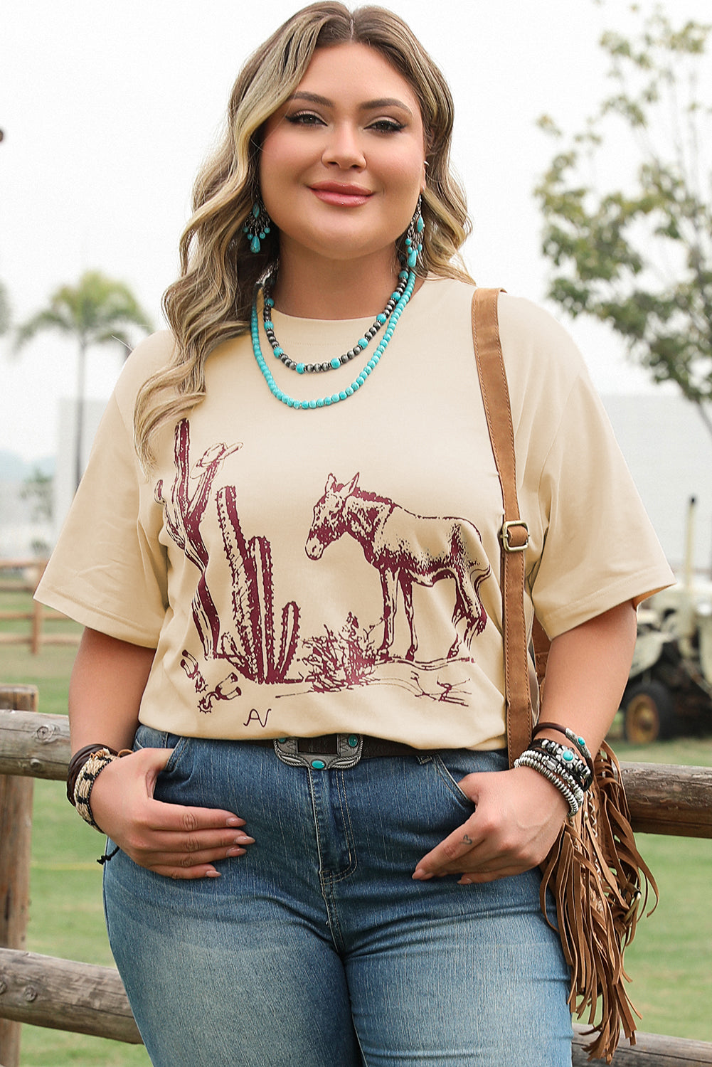 Parchment Western Burro Cactus Crew Neck Graphic Tee