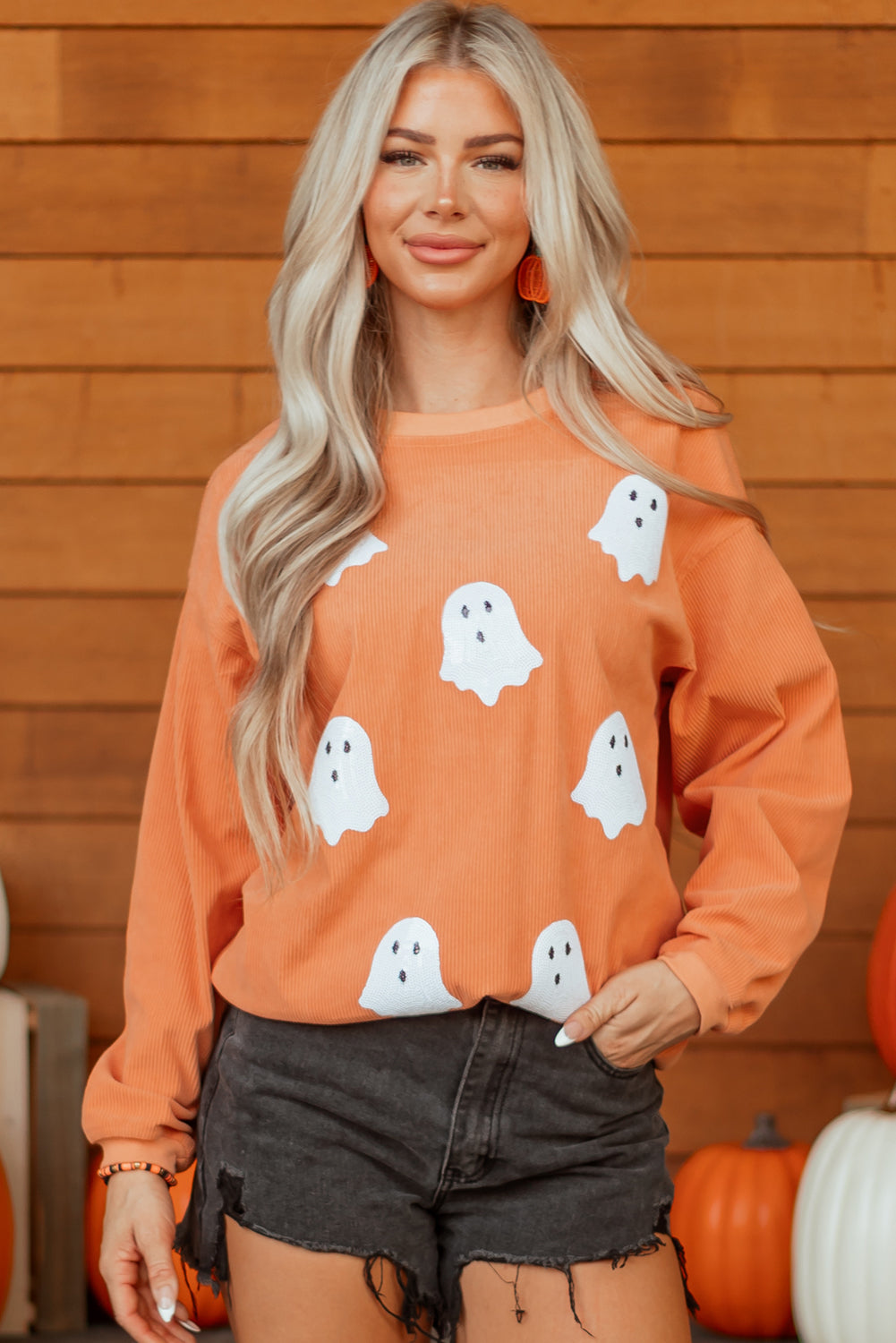 Orange Twisted Ribbed Texture Halloween Ghost Sequin Patched Sweatshirt